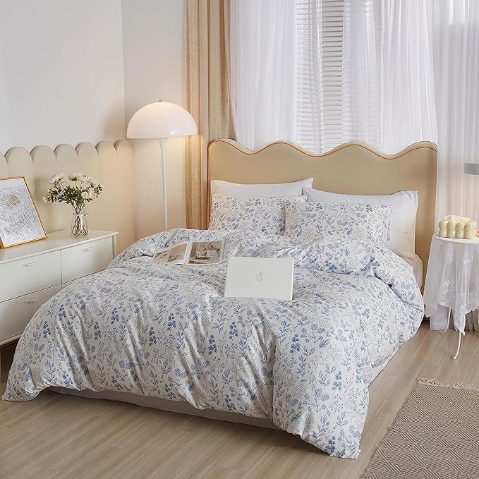 Cotton Floral Duvet Cover Full White Blue Floral Print Full Bedding Sets Vintage Boho Flower Comforter Cover Aesthetic Bedding Botanical Duvet Cover Cottagecore Comforter Cover with Zipper Closure