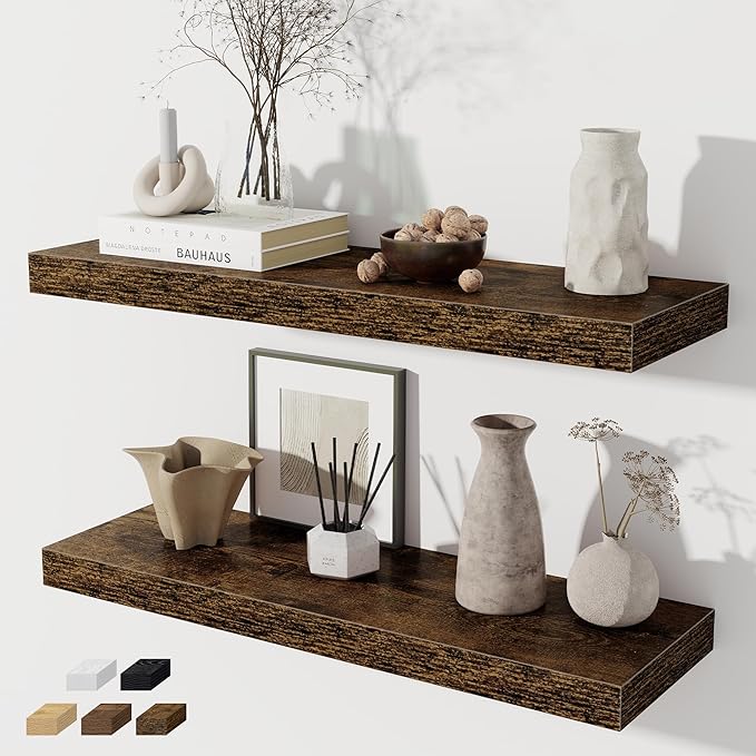 Floating Shelves for Wall, 28 Inch Floating Shelves Set of 2, Wall Mounted Rustic Wood Shelf for Bathroom, Living Room, Bedroom and Kitchen, Hanging Shelf for Storage, Books, Home Decor, Rustic Brown