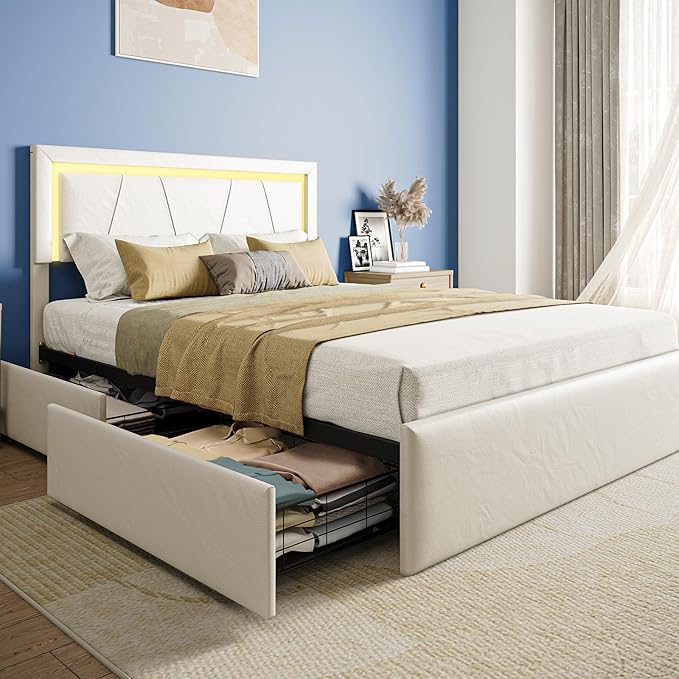 Queen Size Bed Frame with Adjustable Headboard, Upholstered Platform Bed with 4 Storage Drawers, Wooden Slats Support, Built in Charging Station & LED, Noise-Free, No Box Spring Needed, Beige