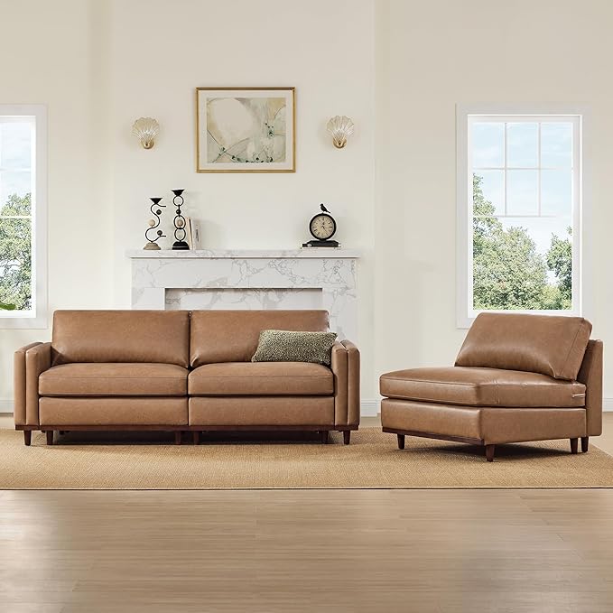 CHITA 118" Super Large Luxury 3 Seat Sectional Modular Sofa, FSC Certified Down Filled Modern Sofa, Deep Seat Comfty Cloud Couch, 3 Seat Couch, Solid Wood Leg, Faux Leather in Camel