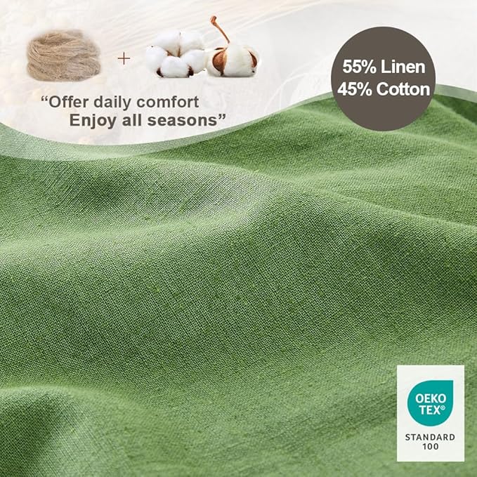 Simple&Opulence French Linen Duvet Cover Set 78" x 86"- 3 Pieces (1 Comforter Cover,2 Pillowcases)- Natural Flax Cotton Blend-Solid Color Breathable Farmhouse Bedding- Khaki Green, Full