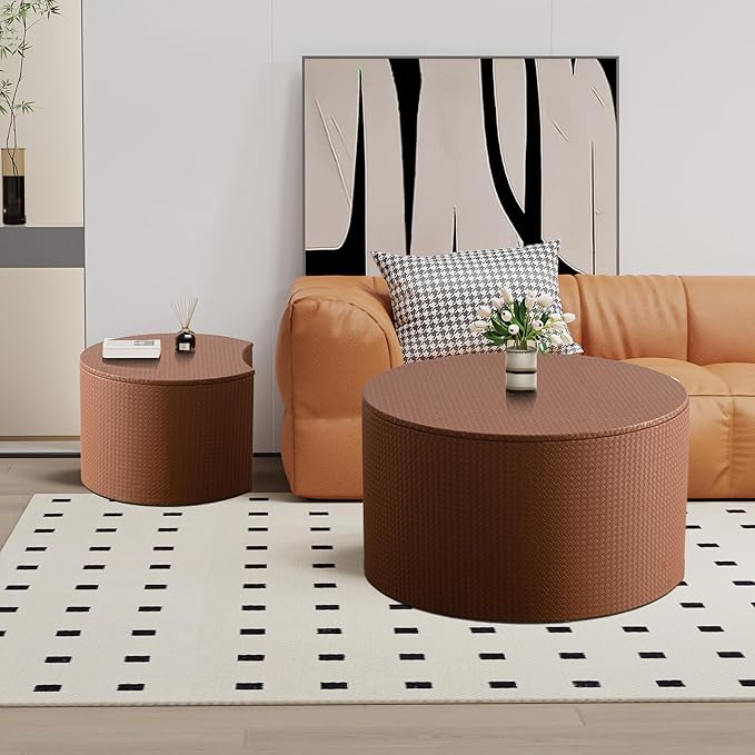 Round Nesting Coffee Table Set of 2, Round Fluted Coffee Tables with Storage for Living Room Leather Veneer Modern Nesting End Side Tables for Small Spaces (A Storage Brown)