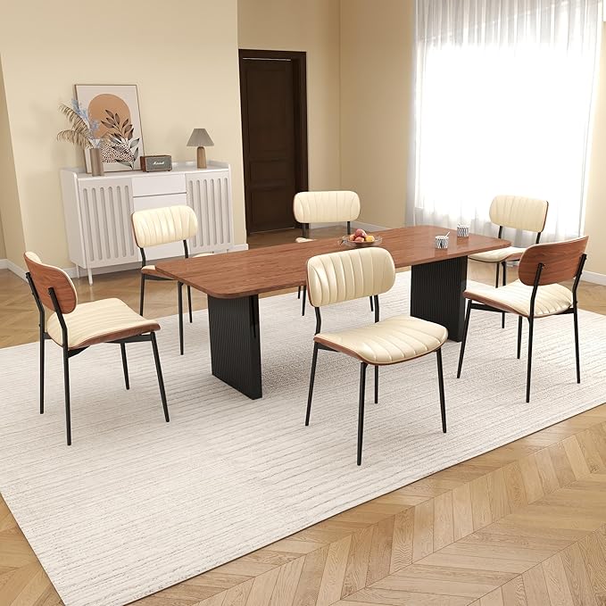 Mid Century Modern Dining Chairs Set of 4,Upholstered Faux Leather Kitchen Chairs with Walnut Bentwood Back and Metal Legs for Kitchen Dining Room Living Room, Beige