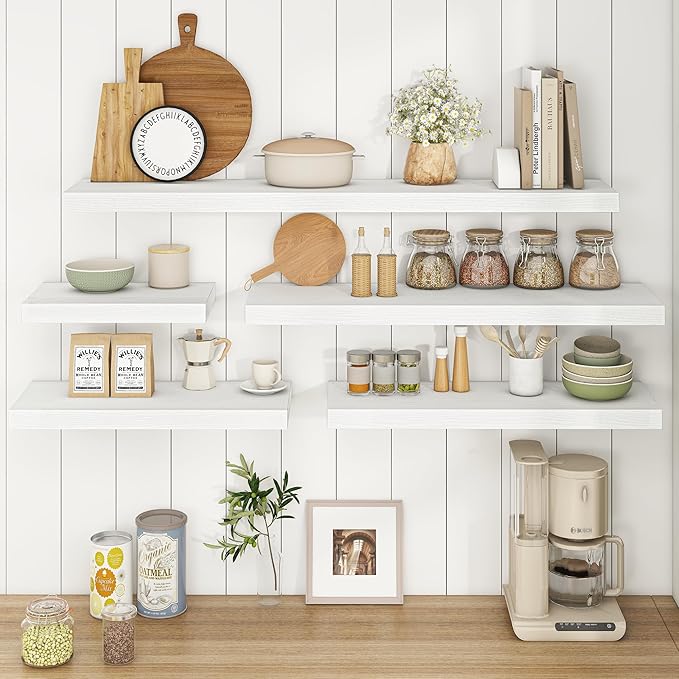 Fun Memories Floating Shelves - 2 Pack 9.3 Inch Deep Rustic Wooden Wall Shelves - Wall Mounted Storage Shelf with Invisible Brackets, 24" W x 9" D x 1.6" H - White
