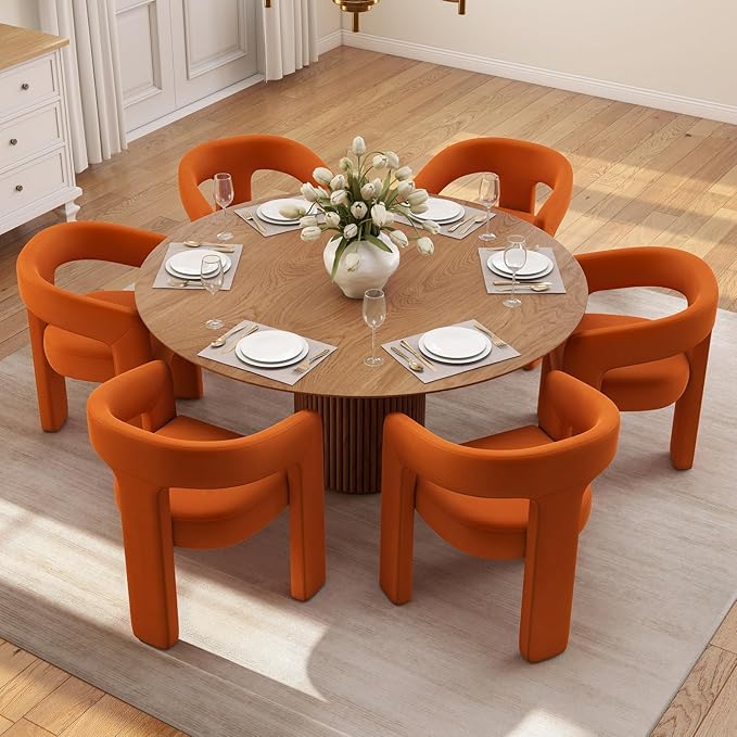Set of 6 Modern Velvet Fabric Upholstered Dining Chairs with Open-Back, Cute Barrel Side Chairs Kitchen Armchair Accent Chairs for Dining Room Bedroom, Orange