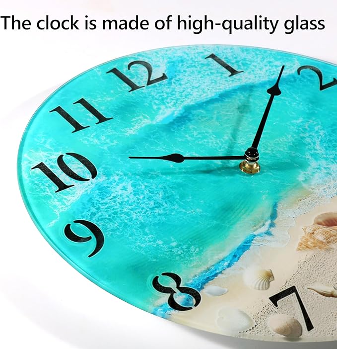 Coastal Nautical Glass Wall Clock with Seashell Design and Aesthetic Beach Theme - Battery Operated Silent Wall Decor for Home, Kitchen, Living Room, Office, Bedroom, or Bathroom (14 Inch,Teal)