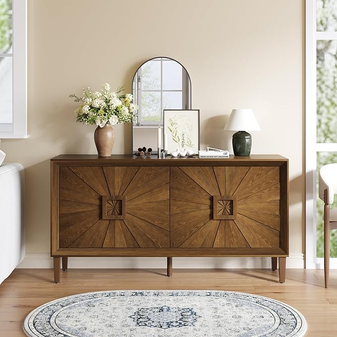 60'' Rustic Large Sideboard with 4 Doors and Adjustable Shelves, Heavy-Duty Antique Wood Entryway Console Table TV Stand for Living Room Dining Room (Antique Brown-10.2)