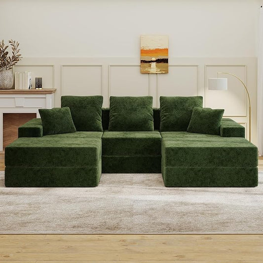 Living&Giving 101" U-Shaped Cloud Sectional Couch for Living Room, Cloud Boneless Couch-No Assembly with Reversible Chaise, Customizable 3-Seat Modular Sectional Sofa with 2 Ottoman, Green