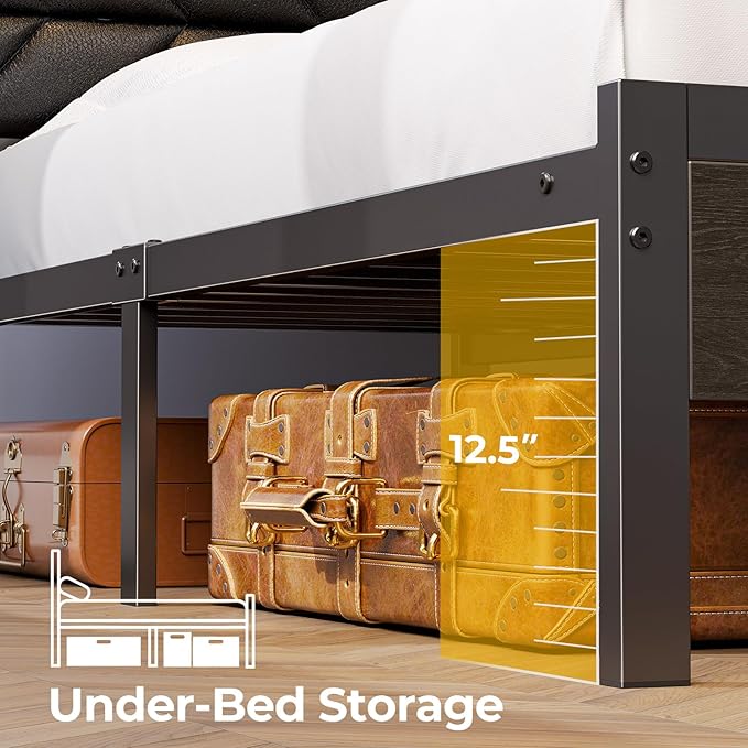 Seventable Twin Bed Frame with Charging Station & LED Lights, Upholstered Headboard with 2-Tier Storage Shelves, Metal Platform with Under Bed Storage, No Box Spring Needed, Easy Assembly, Black