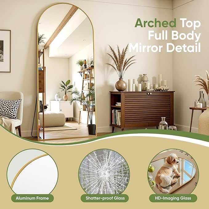 Full Length Mirror, 59"x18" Arched Full Body Mirror, Floor Mirrors with Stand, Body Mirrors Standing Hanging Leaning Against Wall,Aluminum Frame Mirrors for Bedroom Cloakroom,Living Room,Gold