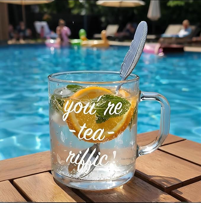 Large Ribbed Glass Coffee Mugs You're Tea Riffic Funy Clear Insulated Glass Cup with Handle & Spoon, 16 OZ Transparent Ribbed Tea Cup with English Breakfast Tea Set as Gift for Women