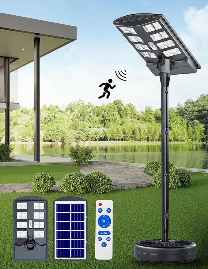 JAYNLT 6000W Solar Street Lights Outdoor with 78" Tall Pole, 3000K/4000K/6500K 400000LM Solar Floor Lamps Dusk to Dawn, IP68 Waterproof Solar Pole Lights with Motion Sensor for Yard, Patio, Camping