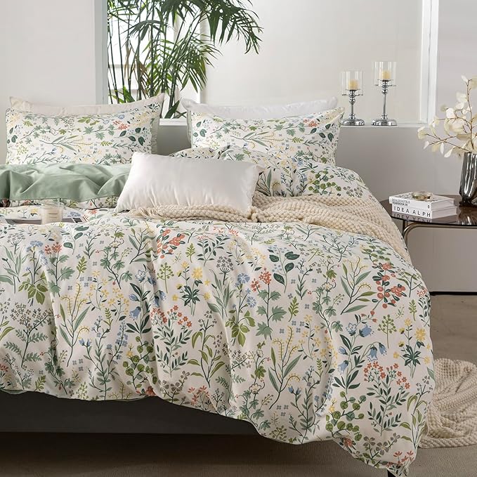 Floral Comforter Set Full Soft Bedding Comforter Set 3 Pieces Garden Style Green Red Flower Print Botanical Flowers Comforter Set for All Seasons 1 Comforter and 2 Pillowcases (Floral, Full)