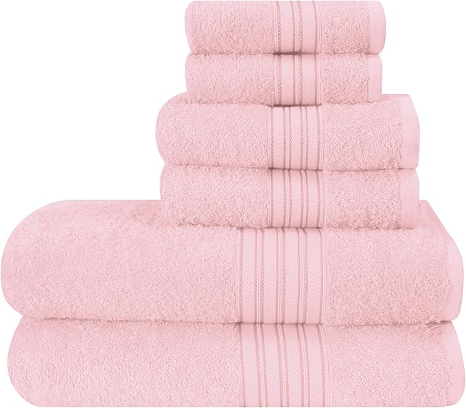 BOUTIQUO 6 Pack Cotton Towel Set, Contains 2 Bath Towels 28x55 inch, 2 Hand Towels 16x24 inch & 2 Wash Coths 12x12 inch, Ideal Everyday use, Ultra Soft Compact & Lightweight - Pink