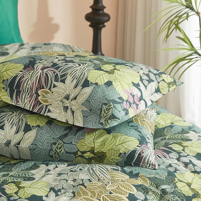 EAVD Green Leaves Botanical Comforter Set Soft Fluffy Microfiber Tropical Leaf Bedding Set with 2 Pillowcases Reversible Plant Leaves Comforter Set for All-Season