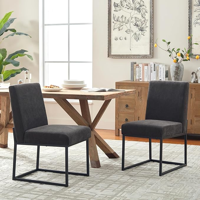 VKNOW Upholstered Dining Chairs Set of 4, Modern Dining Room Chairs, Linen Kitchen Chair Dinner Chair with Black Metal Base for Kitchen Office, Dark Grey-Unstriped