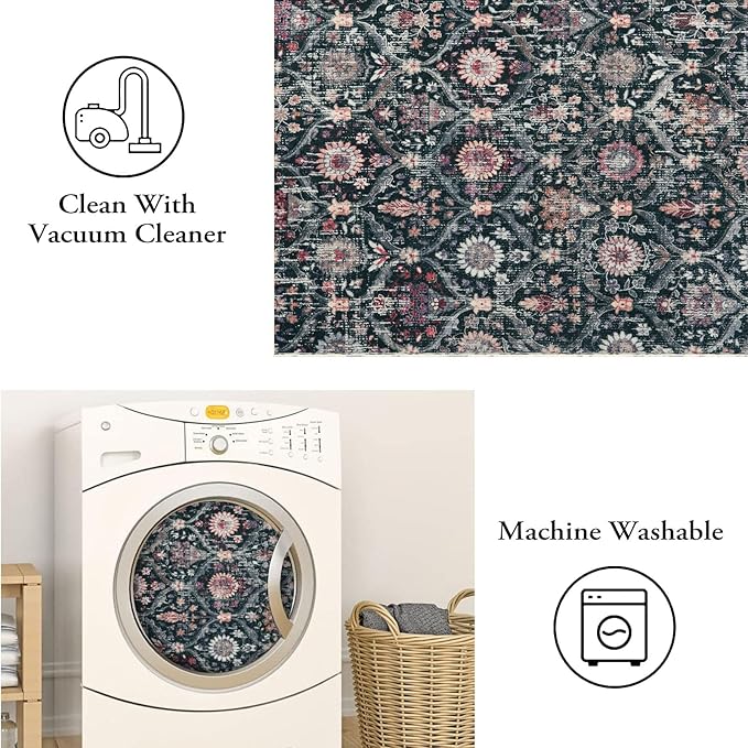 Lahome Moroccan Trellis Washable Round Area Rug, Soft Round Rugs 6ft Ultra-Thin Non-Slip, Vintage Large Circle Carpet for Bedroom Living Room Kitchen Nursery, Black/Multi