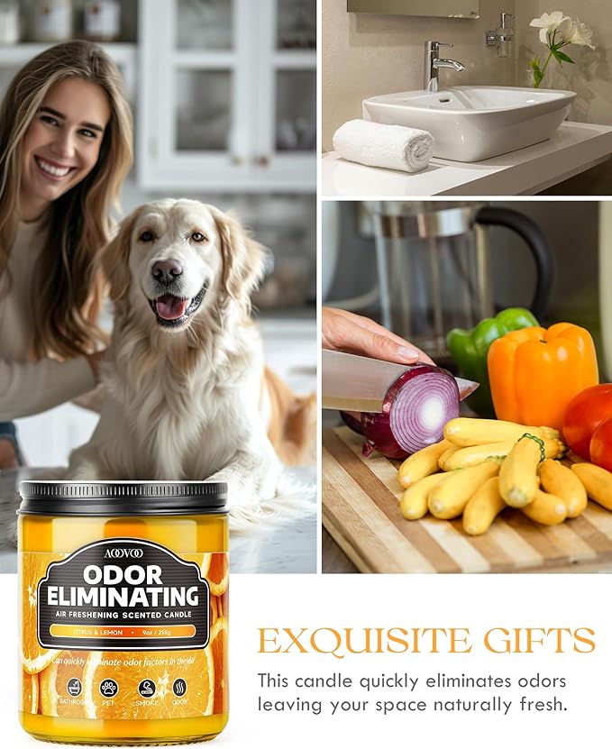 AOOVOO Citrus Lemon Odor Eliminating Highly Fragranced Candle - Eliminates 95% of Pet, Smoke, Food, and Other Smells Quickly, Air Freshing Soy Candle, 9 oz Up to 50 Hours Burn time