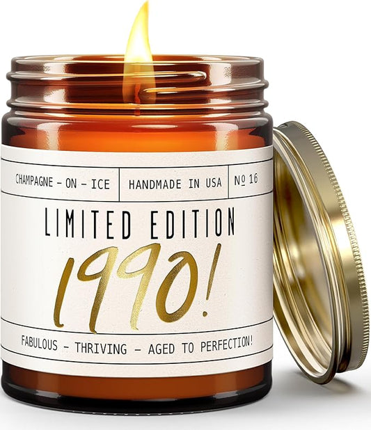 35th Birthday Gifts for Women - 'Limited Edition 1990' Soy Candle, w/Champagne on Ice I 35 Birthday Gifts for Women I 35th Gift for Her Ideas I 9oz Reusable Jar, 50Hr Burn, Made in USA