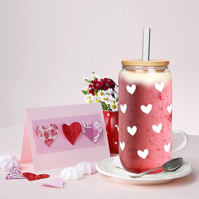 Mason Life Iced Coffee Cups, Can Shaped Glass Cups, 20 OZ Hearts Cup Beer Glass, Love Can Couple Drinking Glasses, Glass Cup with Bamboo Lids and Straws Valentines Cups Gifts- 2 Sets