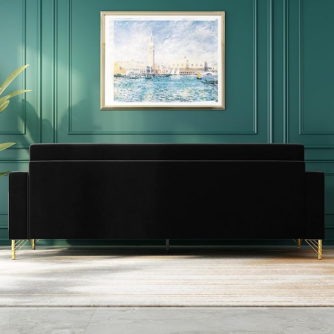 85.63" Velvet Sofa,Modern Loveseat Couch with Pillows Set of 2 for Living Room,Bedroom,Apartment Furniture with Gold Metal Legs (Black)