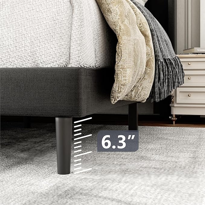 Queen Size Bed Frame with Upholstered Wingback Headboard, Easy Assemnly Platform Bed, Wooden Slat Support No Box Spring Needed, Dark Gray