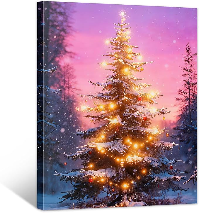 Framed Christmas Pictures Wall Decor,Vintage Pine Tree Prints,Winter Christmas Canvas Wall Art Decoration for Bedroom Bathroom Living Room Rustic Xmas Holiday Gifts (Christmas Tree 18, 24'' X 36'')