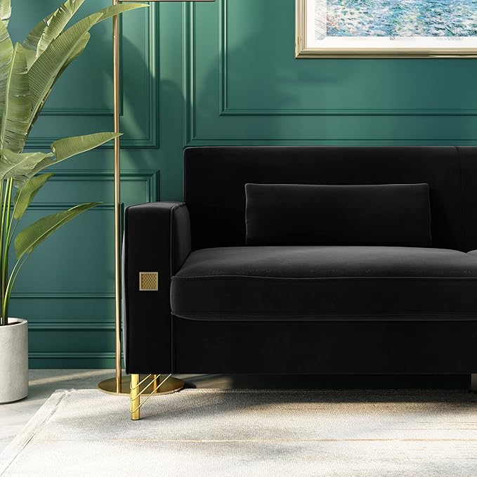 2PCS 85" Black Velvet Sofa Set,Modern Loveseat Couch with Pillows Set of 2 for Living Room,Bedroom,Apartment Furniture with Gold Metal Legs