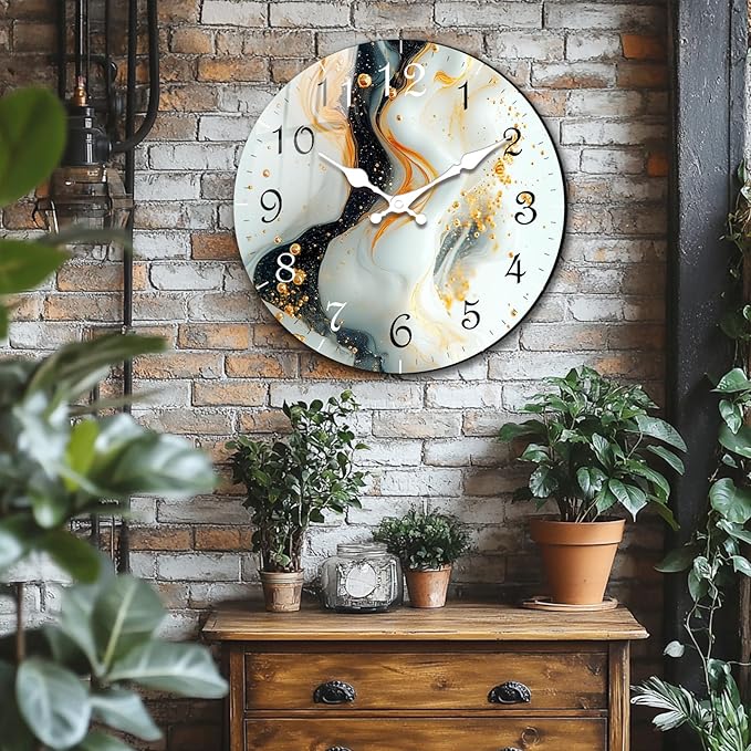Black Wihte Wall Clock 10 Inch Round Silent Non-Ticking Quartz Battery Operated Wall Clocks Marble Pattern Decor Arabic Numerial Clock for Kitchen, Bedroom