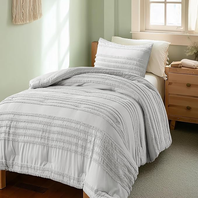 BEDELITE Boho Twin/Twin XL Comforter Set，Light Grey Tufted Striped Bed Set 2 Pieces, Soft Vintage Farmhouse Comforter for College, Boho Home Dorm Decor, Fluffy Jacquard Bedding with 1 Pillow Sham
