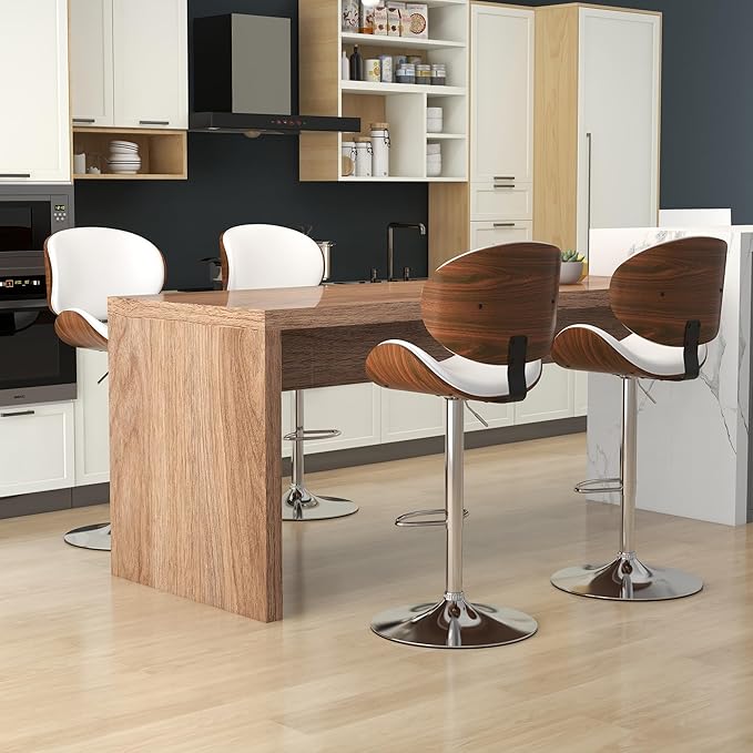 KCC Bar Stools Set of 2, Swivel Adjustable Height Barstools, PU Leather Upholstered Bar Chairs with Footrest, Bentwood Bar Stool for Kitchen, Bar, Dining Room(White PU)
