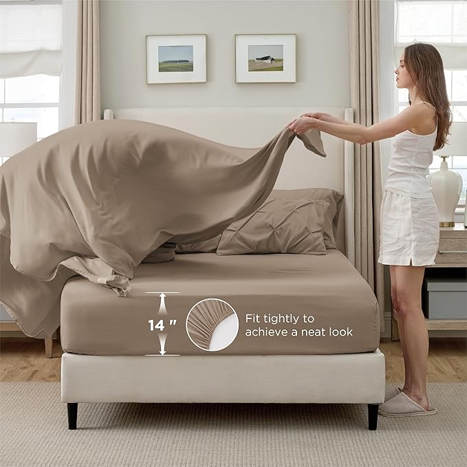 Bedsure California King Comforter Set Khaki - Bed in a Bag Cal King Bedding Set 7 Pieces, GentleSoft™ Pintuck Bed Set Gift for Family, Pinch Pleat Khaki Comforter with Sheets, Pillowcases & Shams