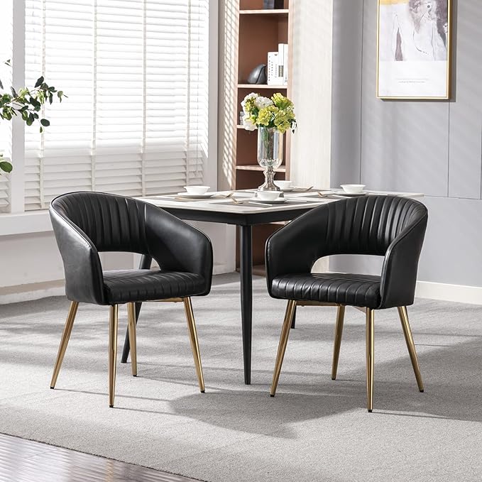 Modern Dining Chairs Set of 4, Upholstered PU Leather Gold Dining Room Chairs with Hollow Back, Accent Armrest Kitchen Chairs with Gold Legs for Living Room Black