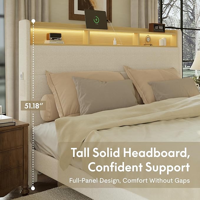 FLEXISPOT King Platform Bed Frame with 51" Tall Upholstered Corduroy Headboard, Two-Tier Storage Shelves, LED Light & Charging Station, Remote Pocket, No Box Spring Needed,1100Ibs Heavy-Duty, Beige