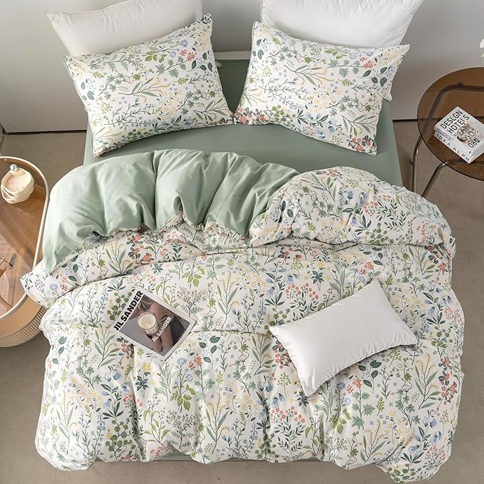 Floral Comforter Set King Soft Bedding Comforter Set 3 Pieces Lightweight Garden Style Green Red Flower Print Botanical Flowers Comforter Set 1 Comforter and 2 Pillowcases (Floral, King)