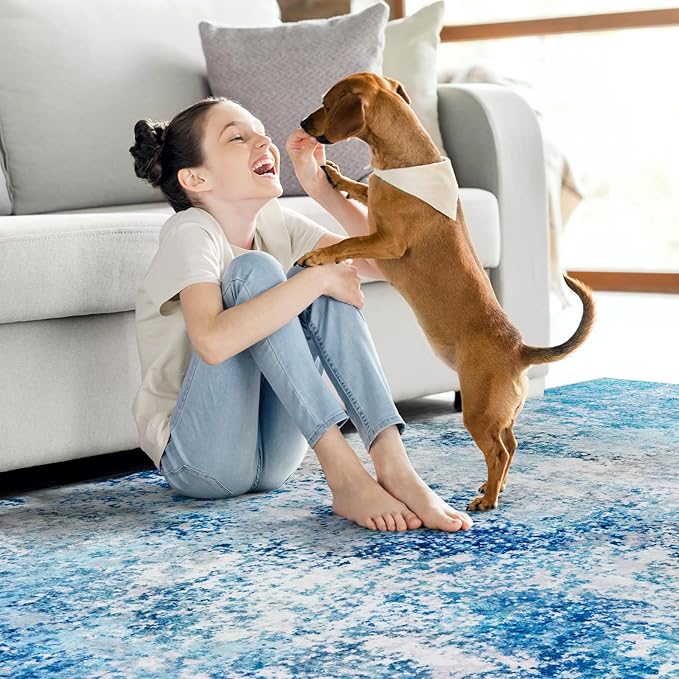 6x9 Area Rugs Living Room Rug - Washable Neutral Modern Abstract Large No Slip Soft Thin Rug Indoor Floor Carpet for Bedroom Under Dining Table Home Office Nursery Room - Blue White