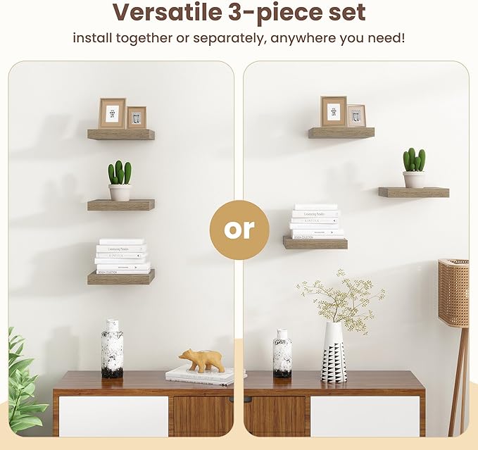 Fun Memories Floating Shelves for Wall - 12 Inch Square Shelves with Invisible Brackets, Small Wall Shelf for Living Room, Bathroom, Bedroom, and Kitchen Decor，Grey Set of 3