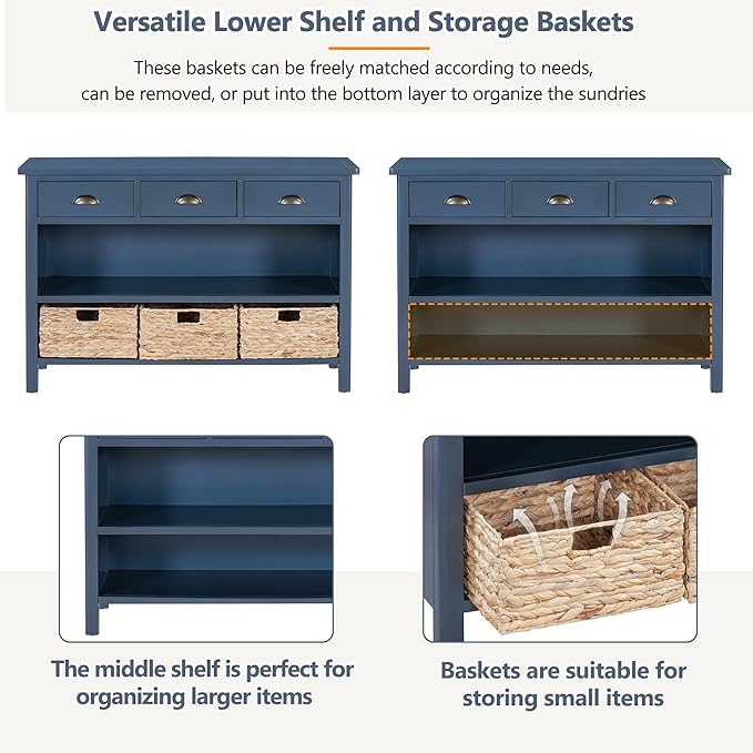 GDFStudio 47" Retro Console Table with 3 Drawers & 3 Water Hyacinth Baskets, Wooden Entryway Buffet Table with Lower Shelf, Vintage Side Board Storage Cabinet for Entryway Hallway Living Room, Navy
