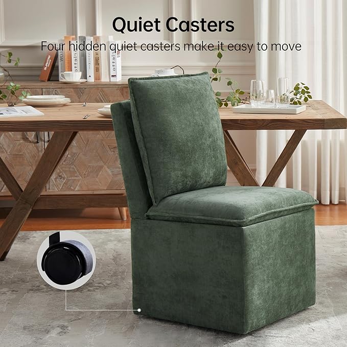 VKNOW Upholstered Dining Chairs Set of 2, Modern Rolling Chairs with Storage and Wheels, Linen Armless Chair with Cushion and Backrest, Dining Room Chairs for Living Room Kitchen Bedroom, Green