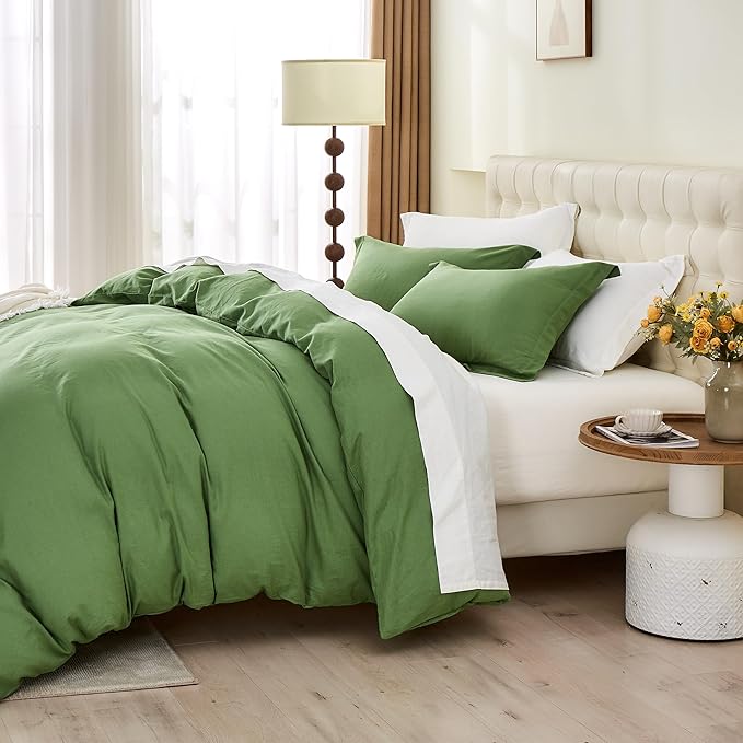 Simple&Opulence French Linen Duvet Cover Set 88" x 92"- 3 Pieces (1 Comforter Cover,2 Pillowcases)- Natural Flax Cotton Blend-Solid Color Breathable Farmhouse Bedding- Khaki Green, Queen