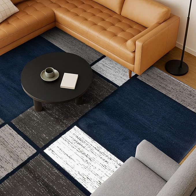 Rugshop Modern Geometric Boxes Navy Area Rug, Non-Shedding Carpet for Living Room, Bedroom, or Dining Room, 5'3" x 7'3"