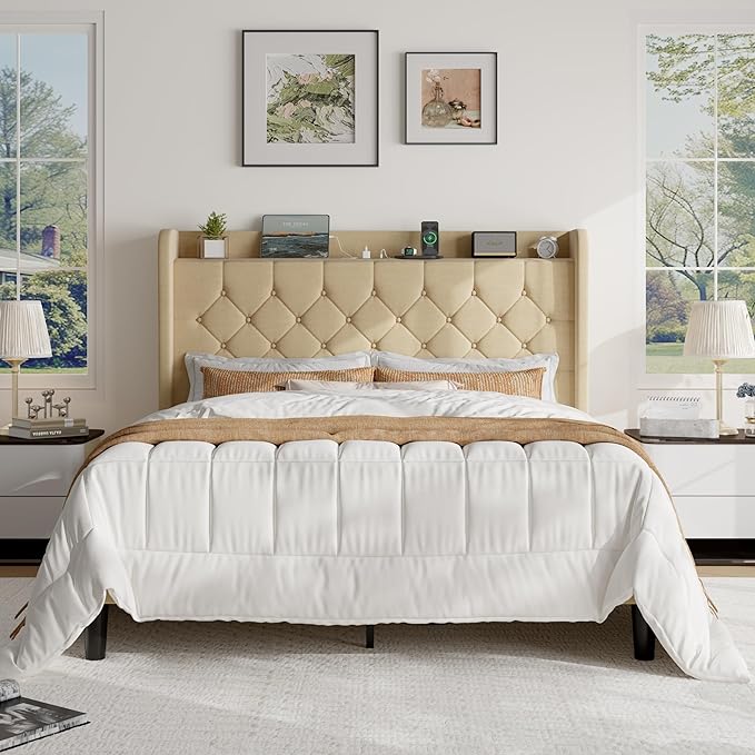 SHA CERLIN Full Size Platform Bed Frame with Charging Station, Velvet Wingback Headboard with Storage Shelf, Wooden Slats Support, Ample Under-Bed Space, No Box Spring Needed, Easy Assembly, Beige