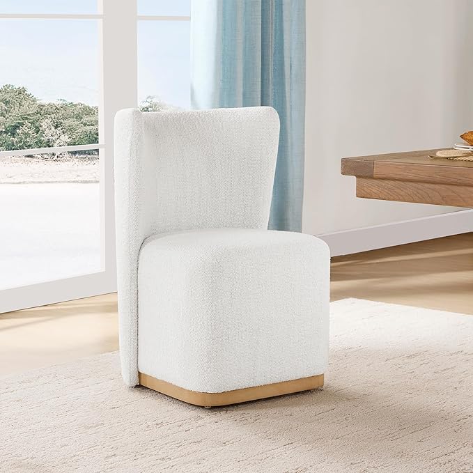CHITA Upholstered Rolling Dining Chair on Casters Set of 2, FSC Certified Modern Fabric Dining Chair with Casters, Boucle Dining Chairs for Reading Room Kitchen Dining Room, Pearl