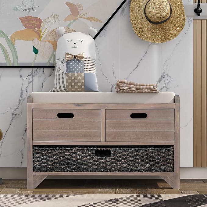 Fully Assembled Storage Bench with Cushioned Seat, 2 Drawers & Removable Basket, Solid Wood Entryway Shoe Bench for Bedroom, Hallway, Living Room (White Washed)