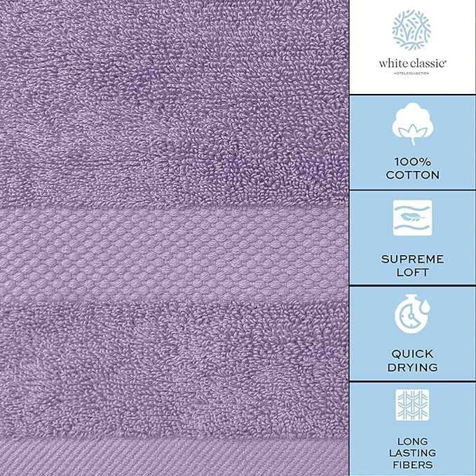 White Classic Luxury Bath Towels Set of 4 Large - 700 GSM Cotton Ultra Soft Bath Towels 27x54 | Highly Absorbent and Quick Dry | Hotel Towels for Bathroom Luxury, Plush Shower Towels, Lavender