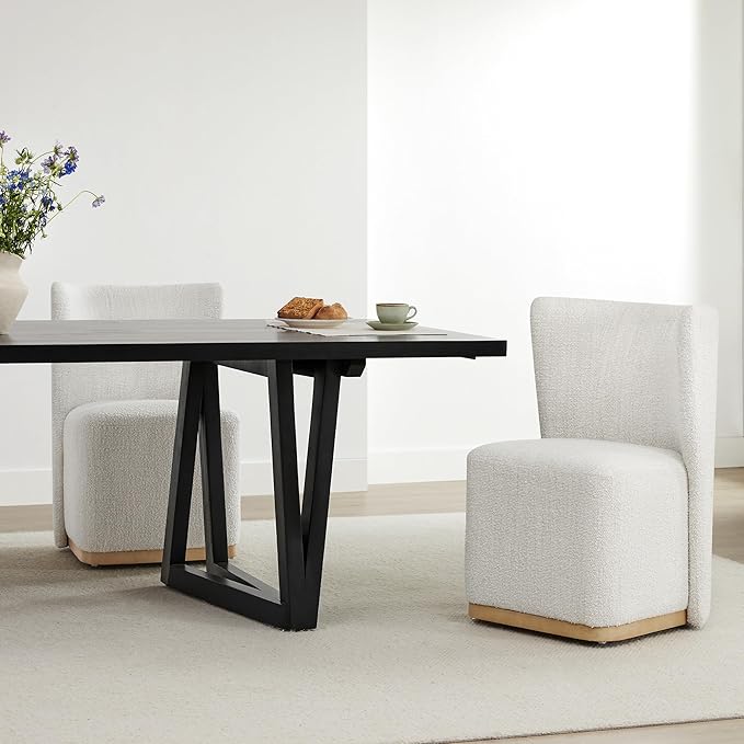 CHITA Upholstered Rolling Dining Chair on Casters Set of 2, FSC Certified Modern Fabric Dining Chair with Casters, Boucle Dining Chairs for Reading Room Kitchen Dining Room, Pearl