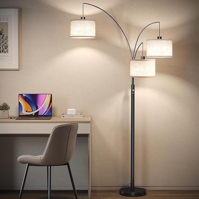 SUNMORY 3 Lights Floor Lamp for Living Room, 78" Tall Standing Lamp with Hanging Drum Shade, Modern Arc Floor Lamps with Heavy Base, Mid Century Arched Tree Floor Lamp for Bedroom, Office, Corner