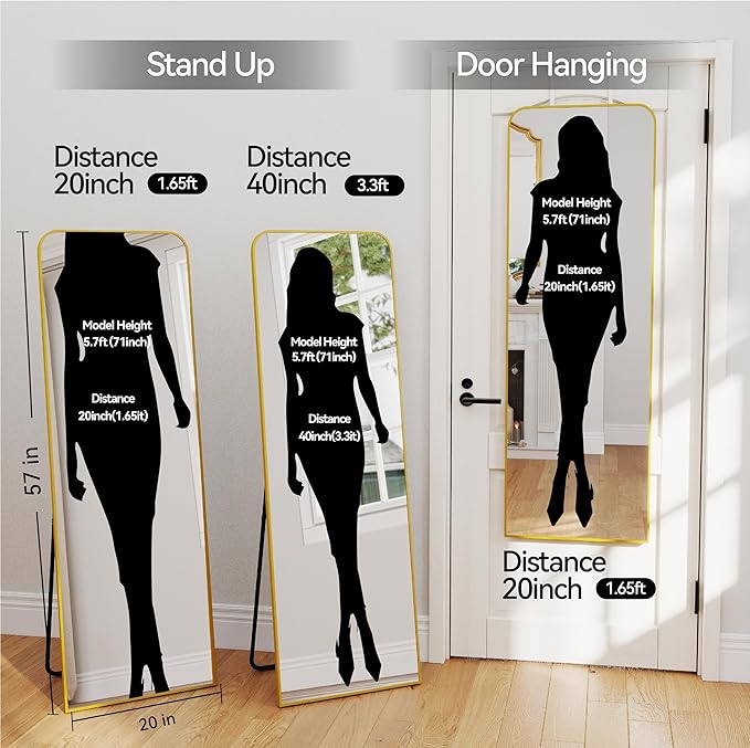 57x20 Door Hanging Full Length Mirror, Floor (Height 5.7ft just Body in 1.3ft) or Wall Mounted Metal Frame Rectangle Dressing Mirrors for Bedroom Bathroom Living Room 57 inch Gold