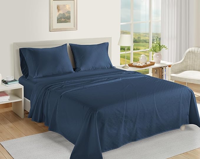 LANE LINEN 100% Egyptian Cotton Queen Sheet Set, 15 inch Deep Pocket, French Reinforced Pocket Seams for Soft, Comfy & Fresh Bed Eco Friendly Cooling Sheets Queen - Swiss Dot Estate Blue