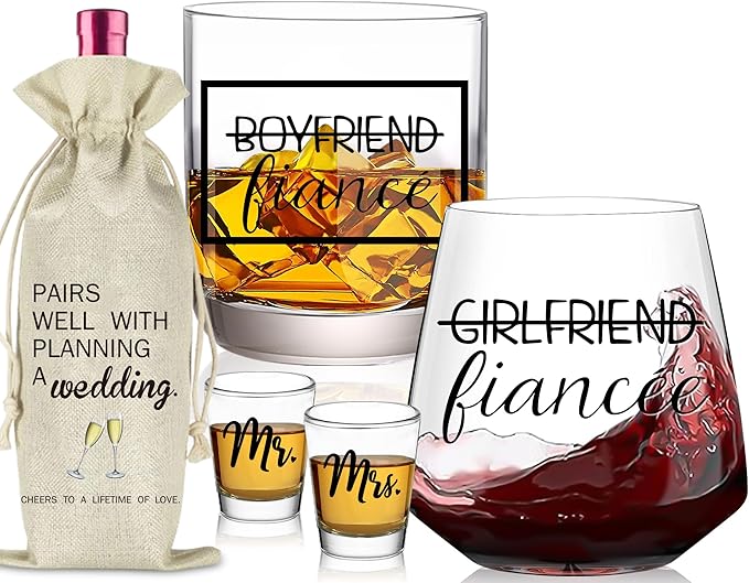 Christmas Engagement Gifts for Newly Couples - Fiance Fiancee Gifts, Boyfriend & Girlfriend Wine and Whiskey Glass Set, Wedding Gift for bride and groom, Future Mr and Mrs Just Engaged Gift